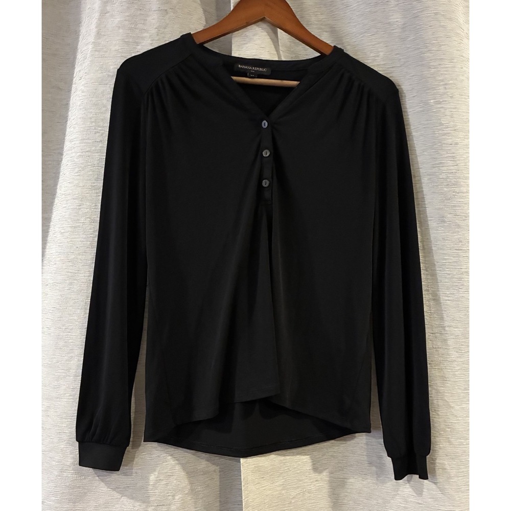 Banana Republic Long Sleeve Henley Shirt Womens XS Black Stretch Basic T-98